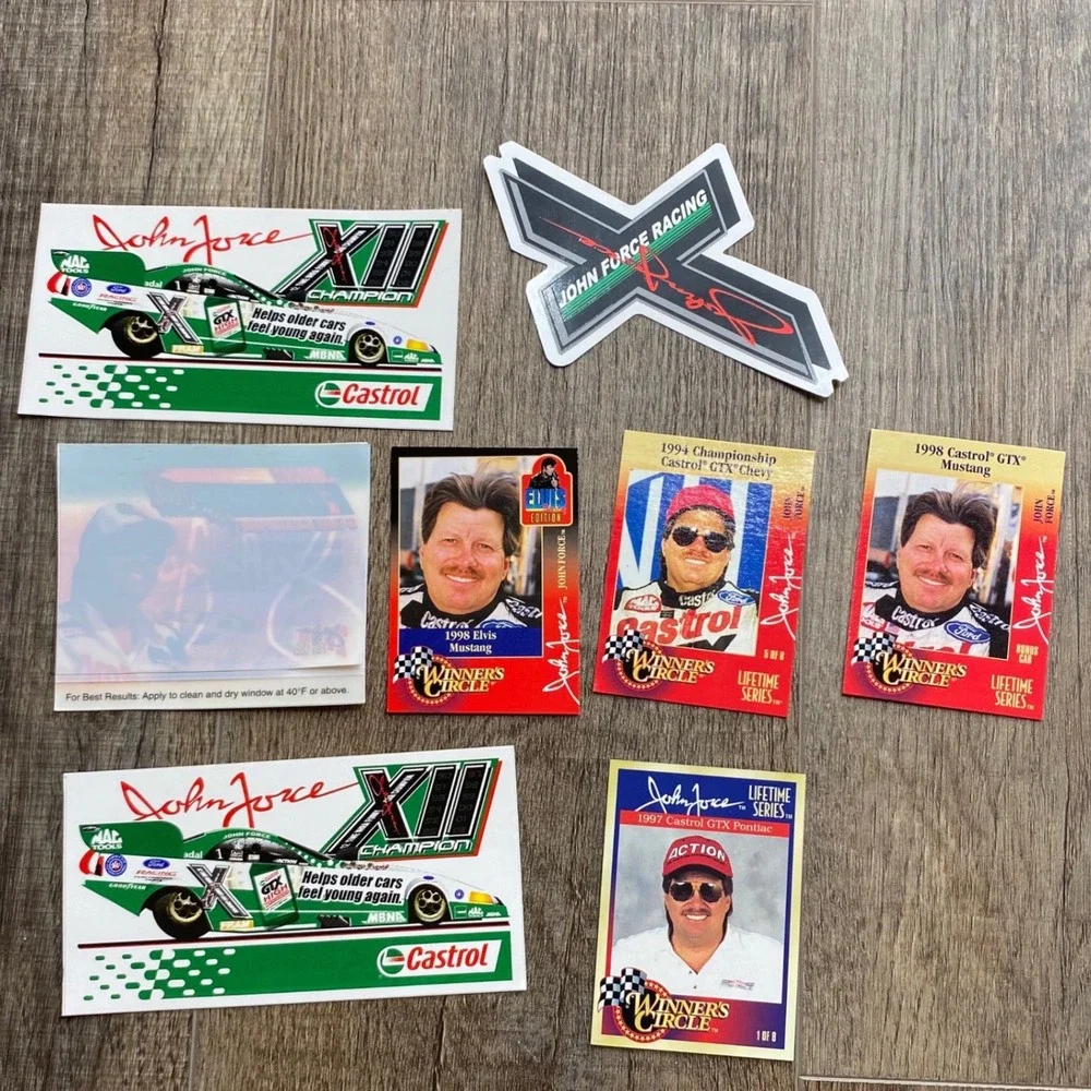 John Force Racing Winner's Circle Cards & Castrol GTX Decals Lot 8pc 1990s NHRA